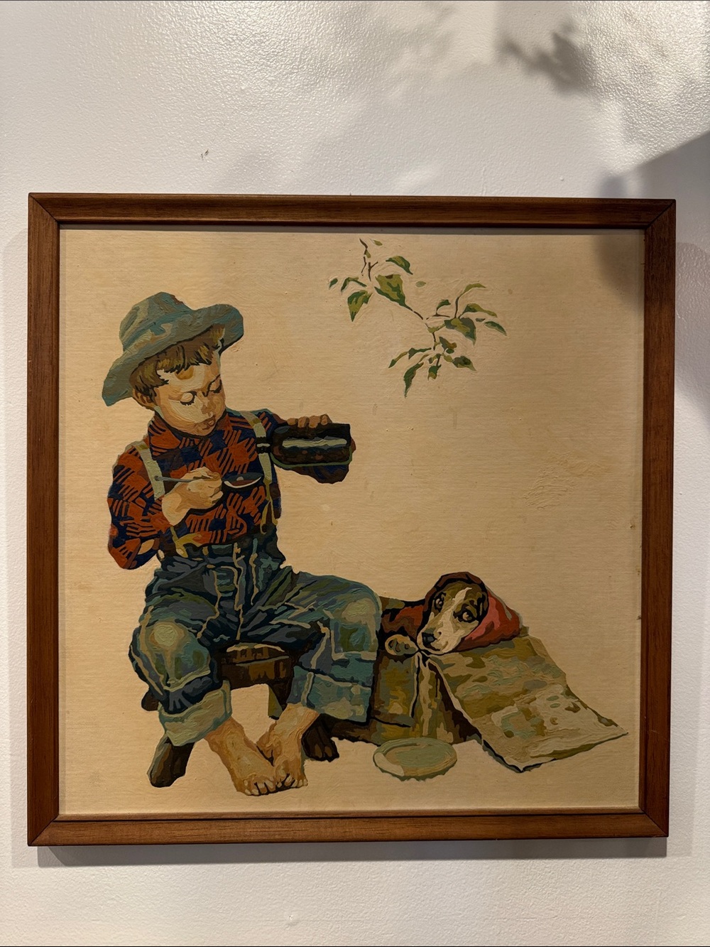 Vintage Boy and Dog Wall painting in Blue and Brown